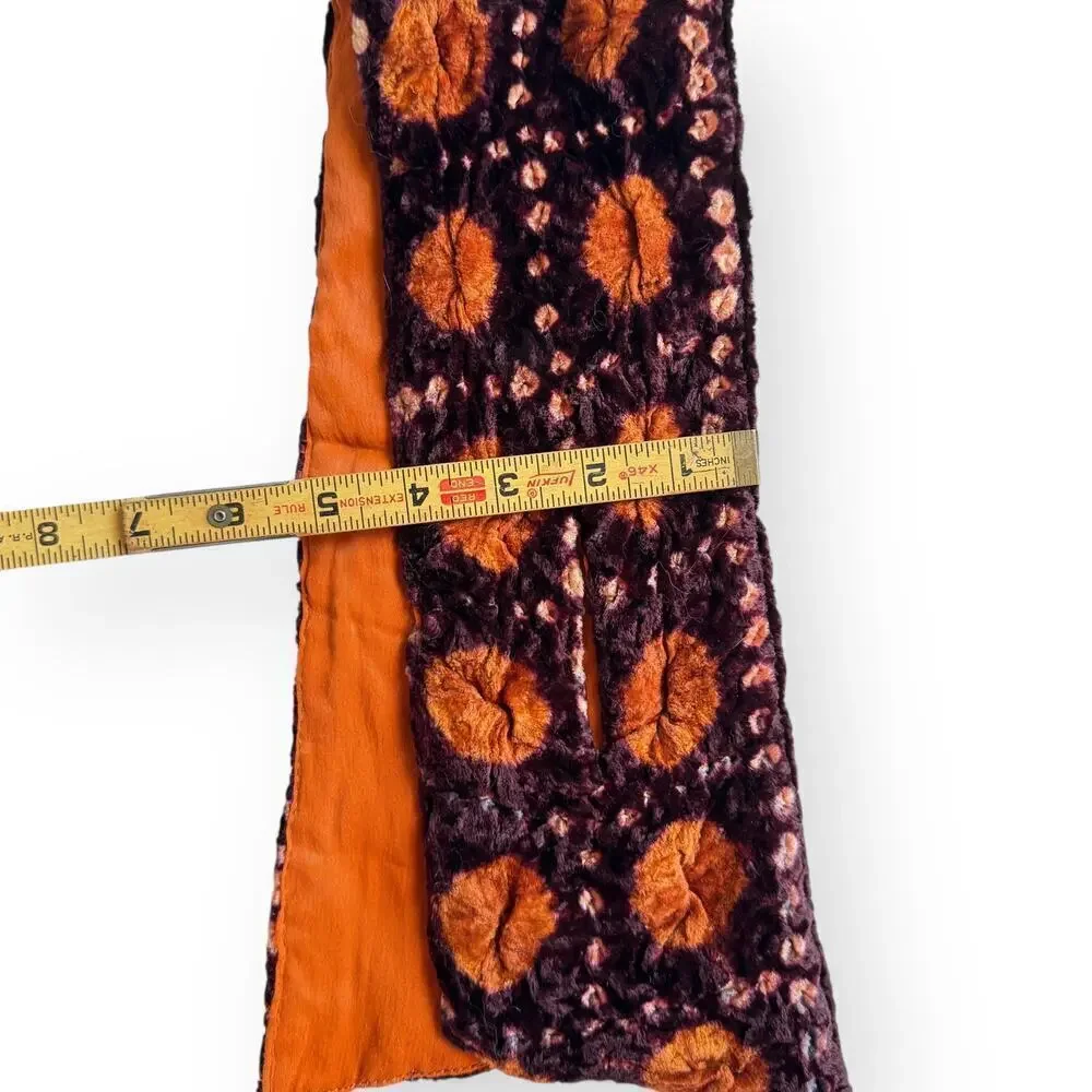 Block Print Reversible Velvet Vintage Pull Through Scarf Orange Mauve Brown 28”